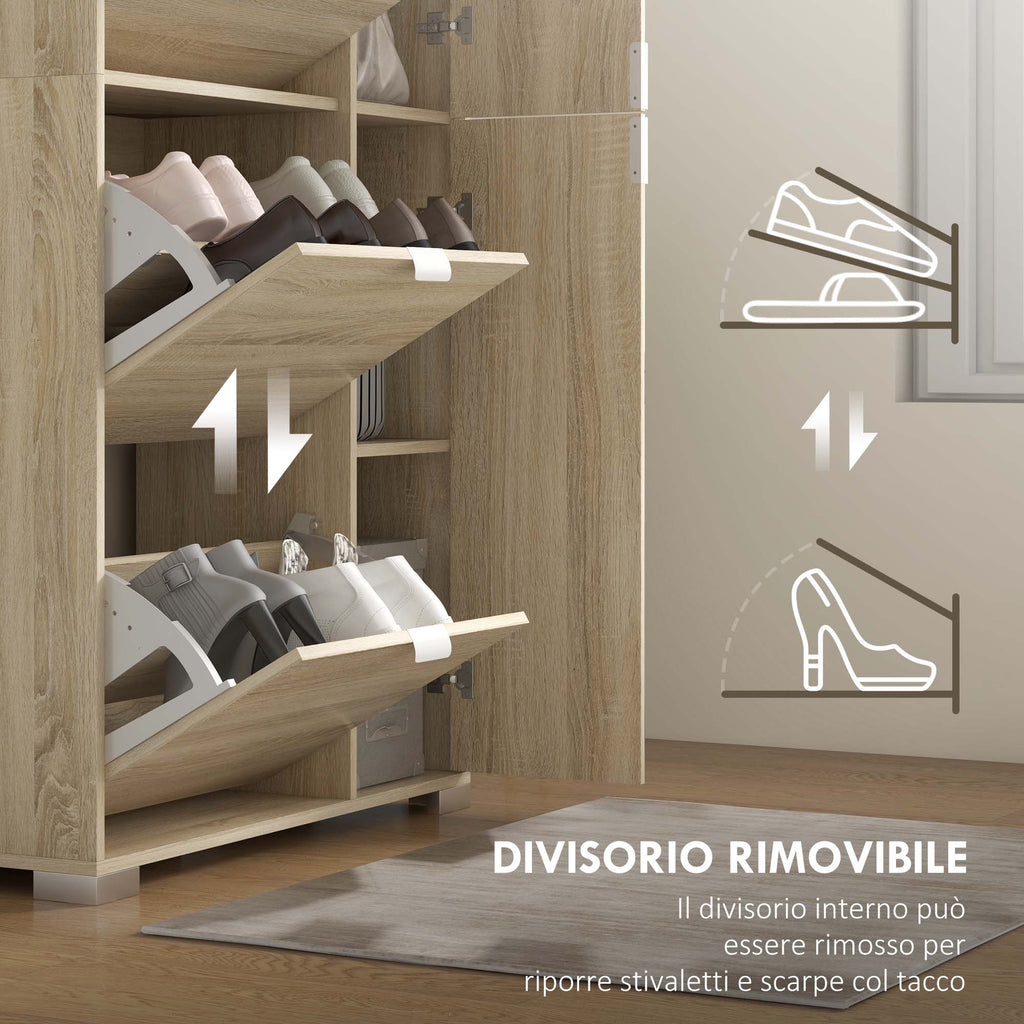 Shoe Rack with Mirror for 16 Pairs of Shoes, 4 Drop-Down Drawers and 2 Cabinets, 82x30x168cm, Oak