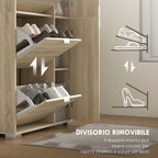 Shoe Rack with Mirror for 16 Pairs of Shoes, 4 Drop-Down Drawers and 2 Cabinets, 82x30x168cm, Oak