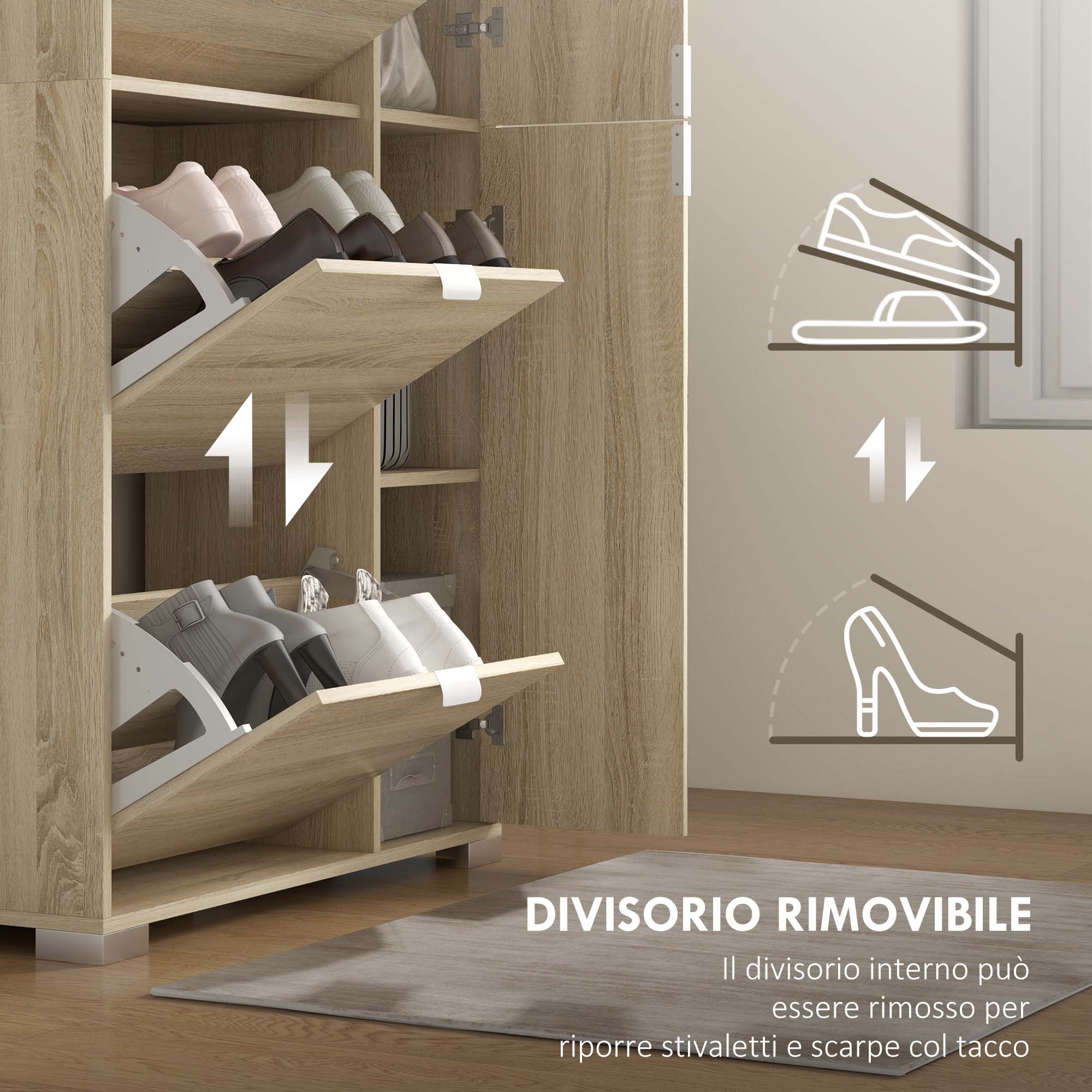 Shoe Rack with Mirror for 16 Pairs of Shoes, 4 Drop-Down Drawers and 2 Cabinets, 82x30x168cm, Oak