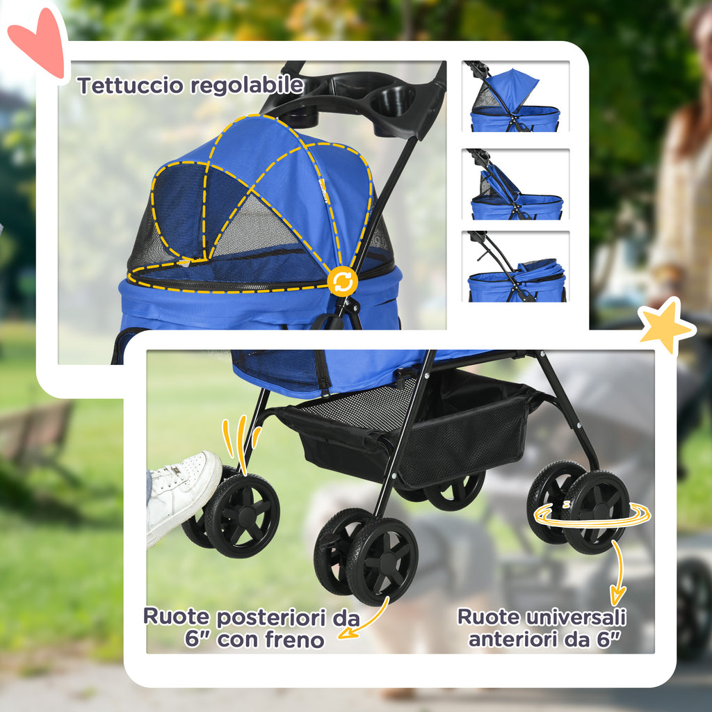 Folding Dog Stroller with Safety Leash and Storage Basket, Blue