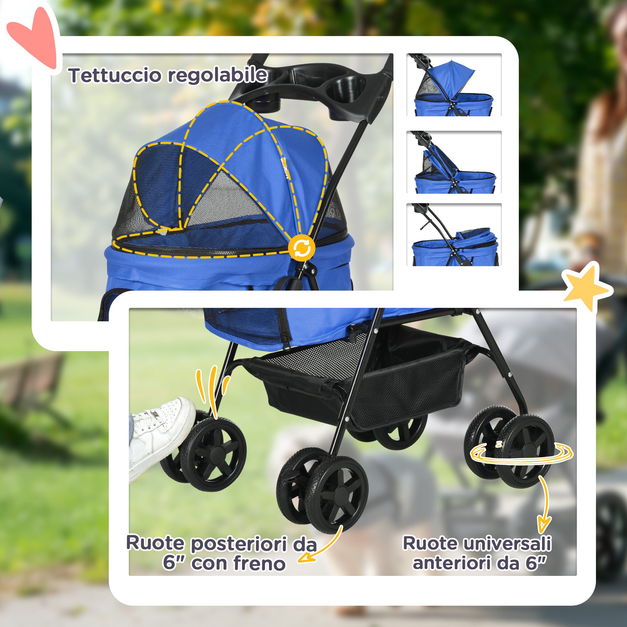 Folding Dog Stroller with Safety Leash and Storage Basket, Blue