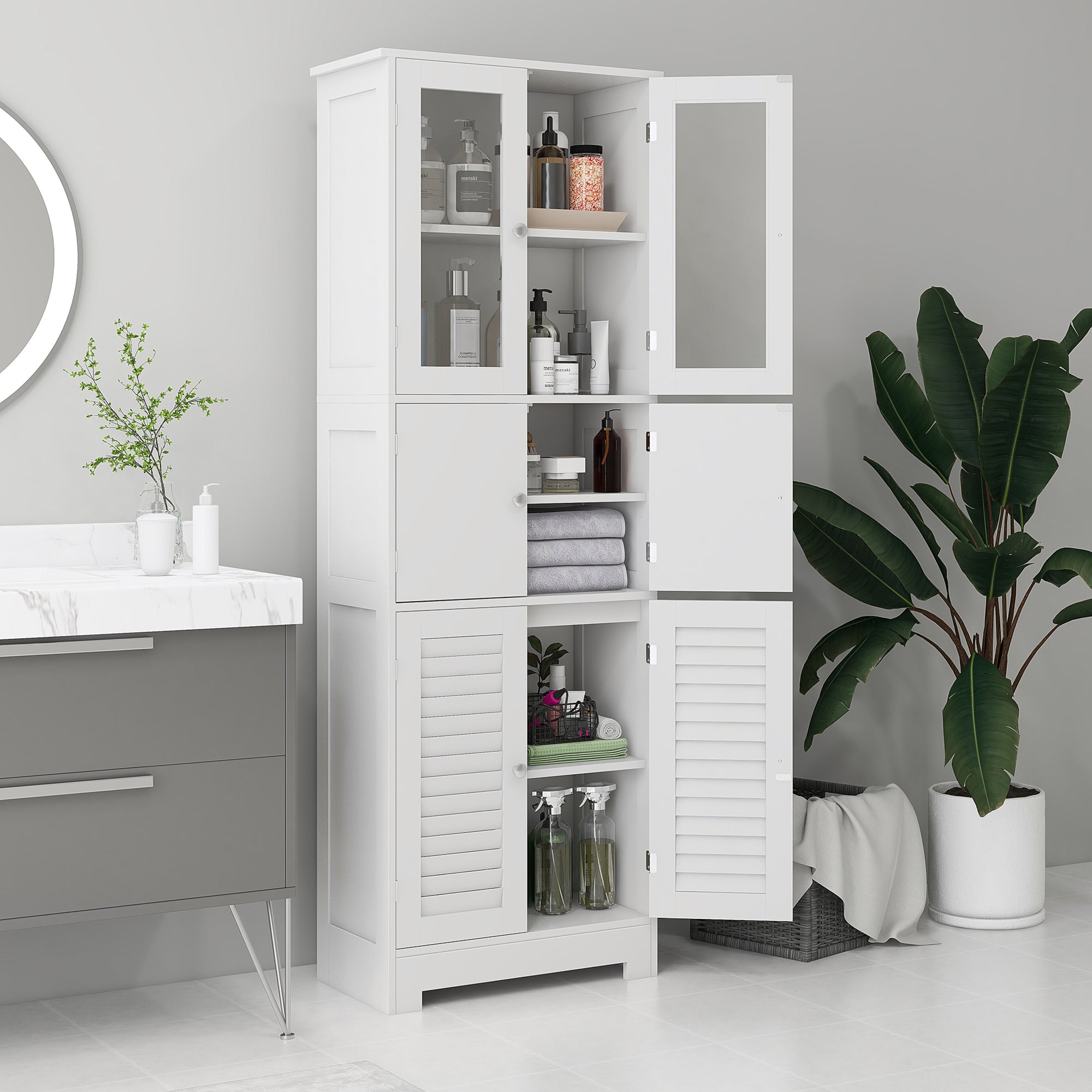 Bathroom Cabinet Column with 3 Cabinets and Glass Doors and Shutters, 60x30x170.5cm, White