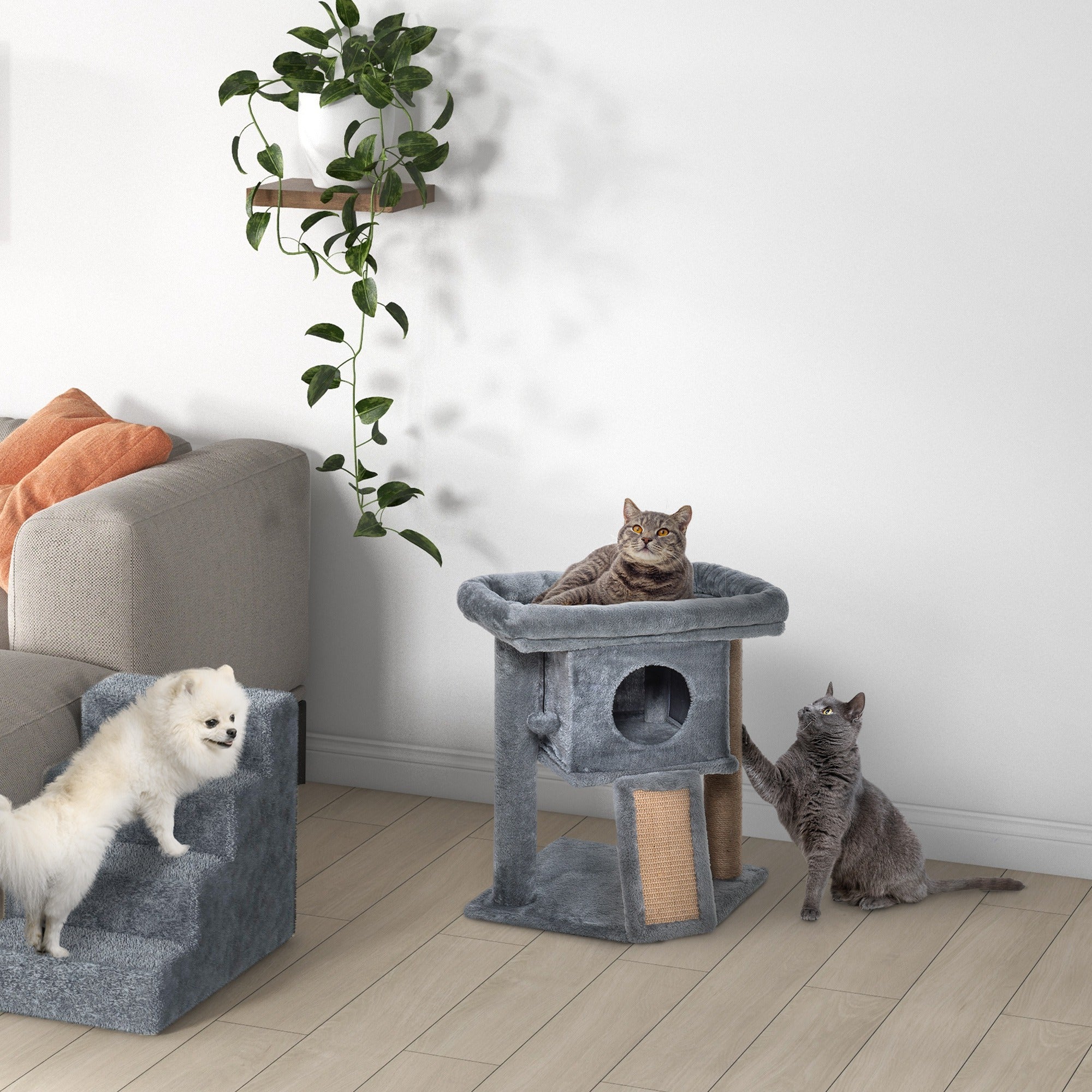 Cat Tree with Cat House and Plush Bed, Jute Scratching Post and Ball, Grey