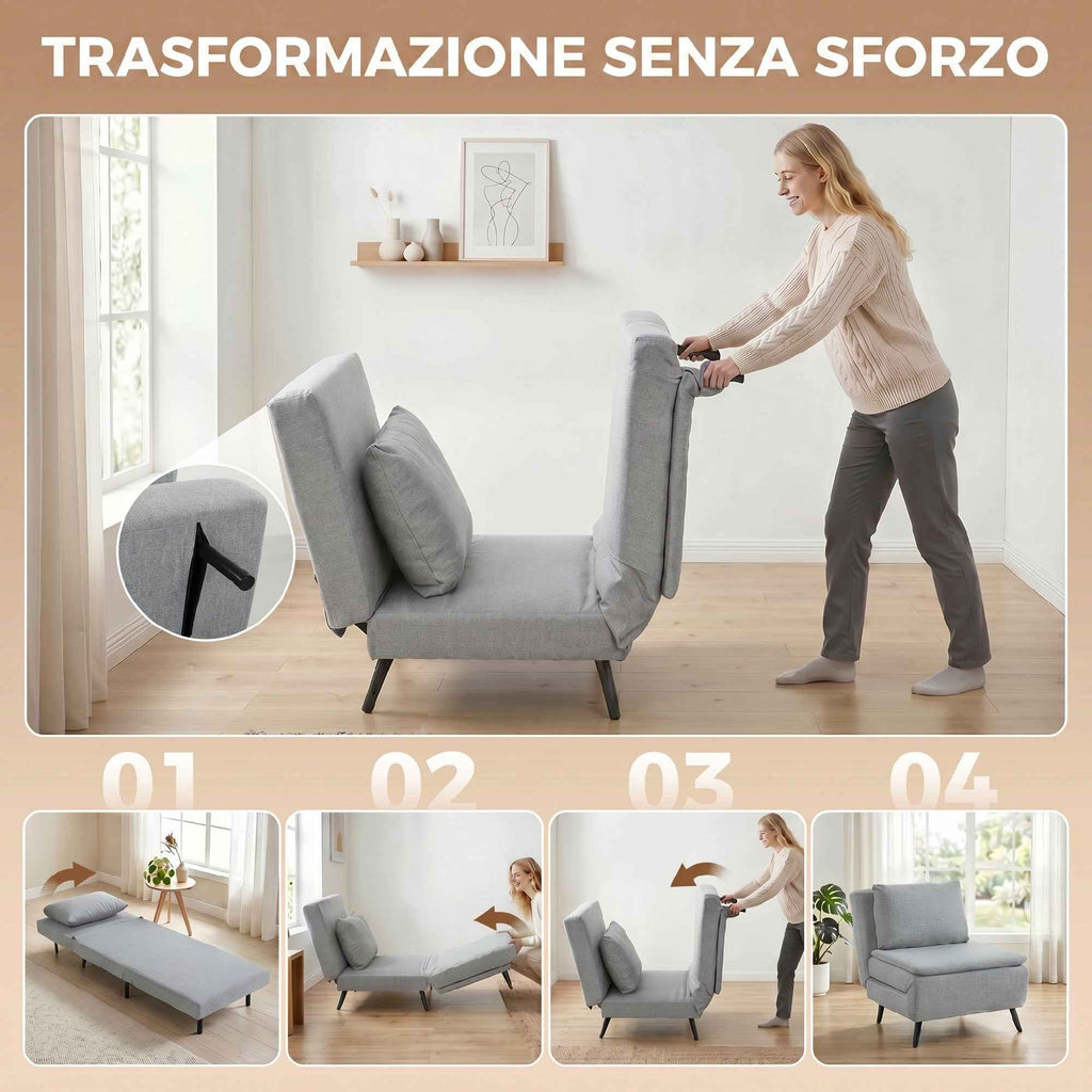 HOMCOM 3-in-1 Sofa Bed with Adjustable Backrest and Cushion, in Light Grey Linen-Effect Fabric