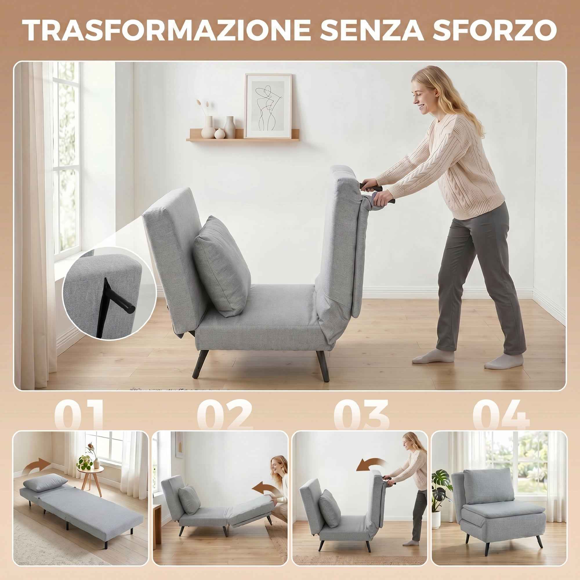 HOMCOM 3-in-1 Sofa Bed with Adjustable Backrest and Cushion, in Light Grey Linen-Effect Fabric