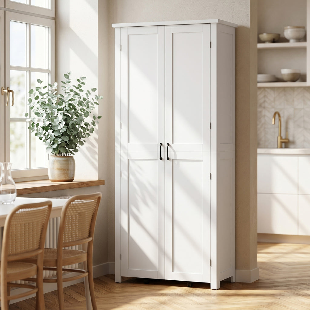 HOMCOM Tall Kitchen Cabinet with Wheels, 2 Doors, 14 Compartments, 80x40x180 cm, White