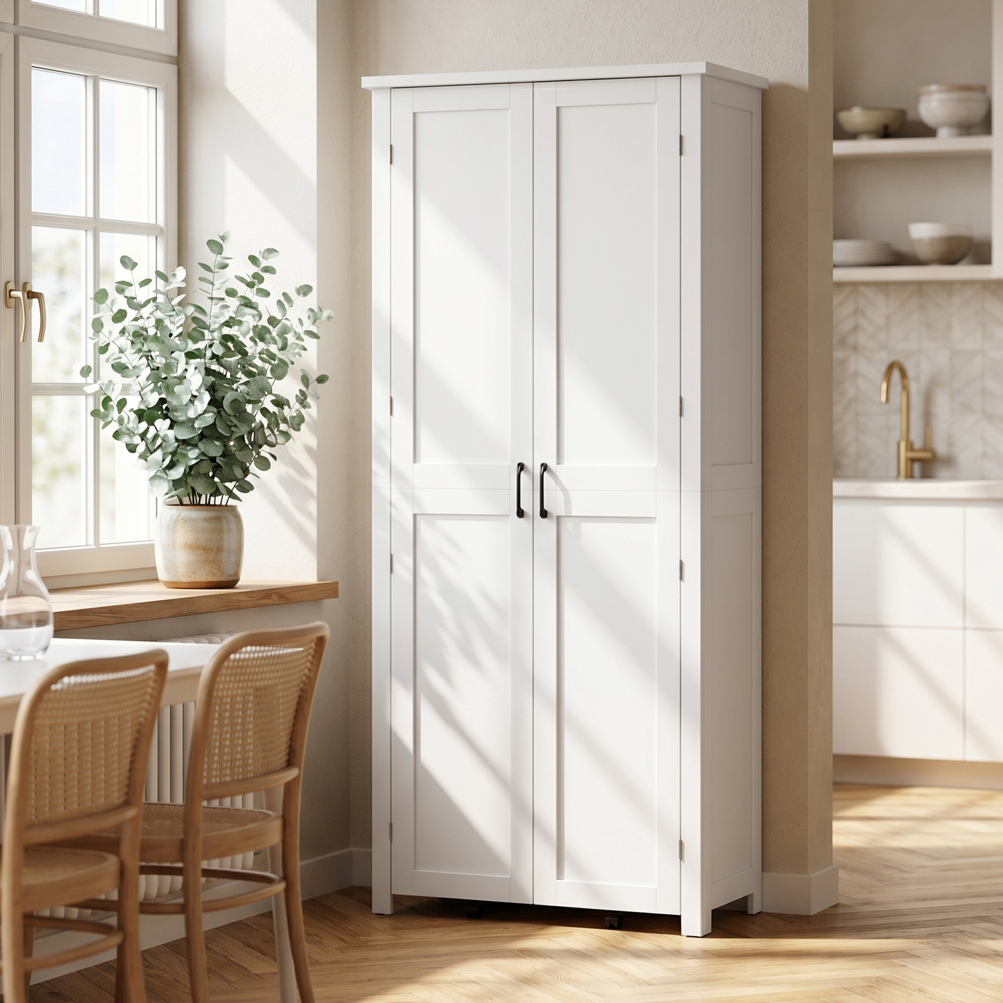 HOMCOM Tall Kitchen Cabinet with Wheels, 2 Doors, 14 Compartments, 80x40x180 cm, White