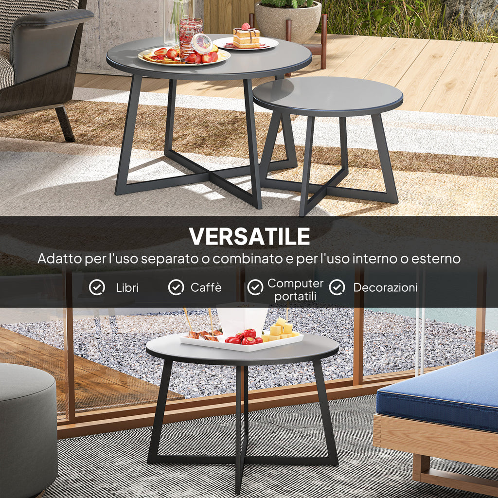 Set of 2 Outdoor Coffee Tables with Tempered Glass Top, Ø70x45 cm and Ø50x35 cm, Gray