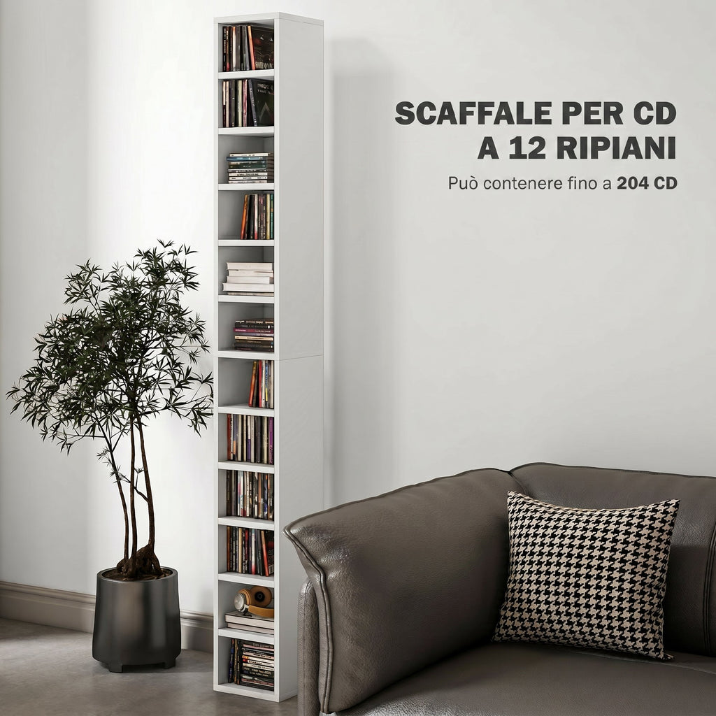 HOMCOM 12-Tier CD Storage Cabinet for 204 CDs, MDF and Chipboard, 21x20x175 cm, White