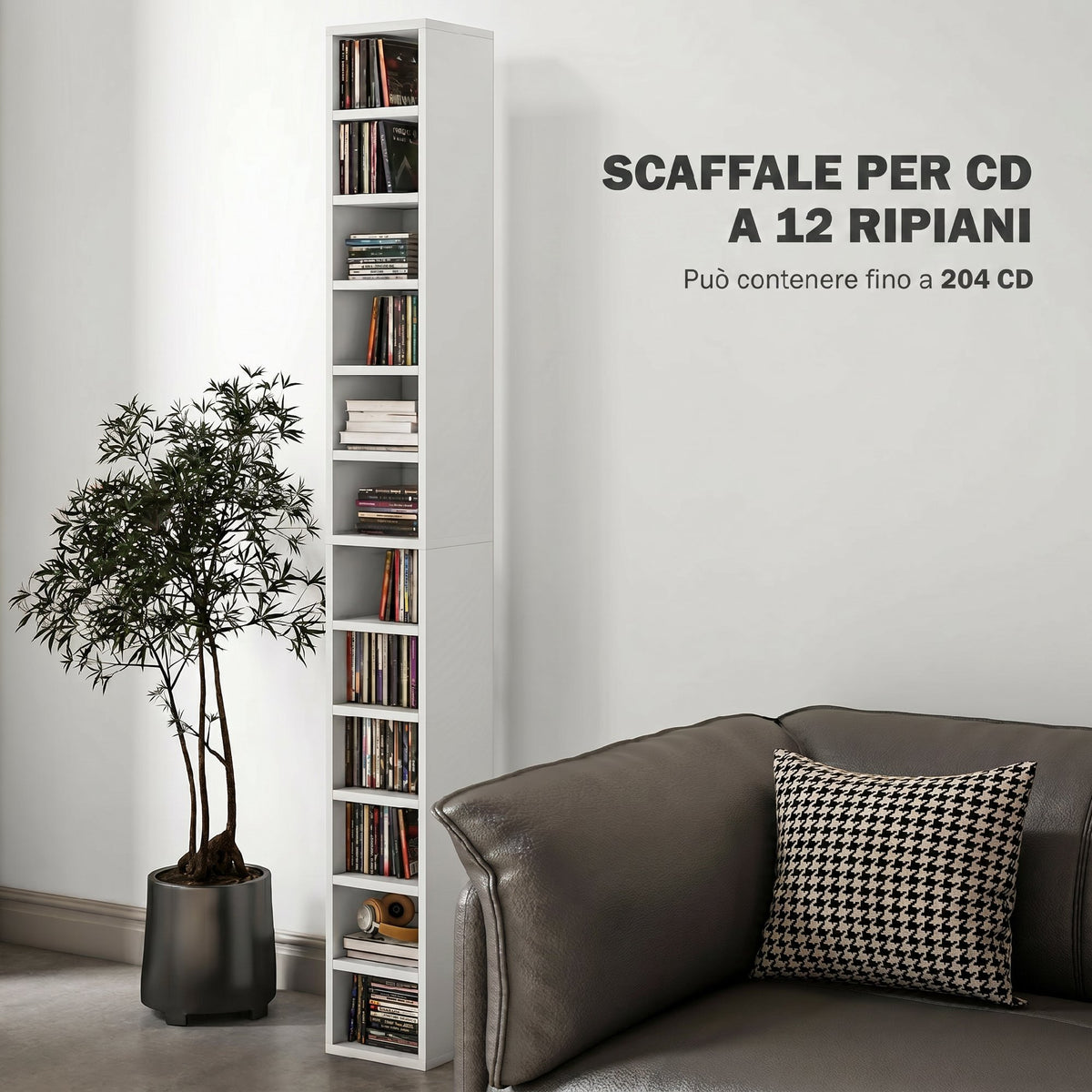 HOMCOM 12-Tier CD Storage Cabinet for 204 CDs, MDF and Chipboard, 21x20x175 cm, White