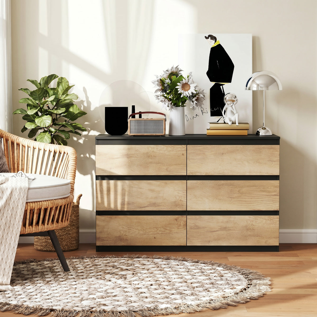 HOMCOM 6-Drawer Wooden Bedroom Chest, 120x39x75 cm, Black and Oak