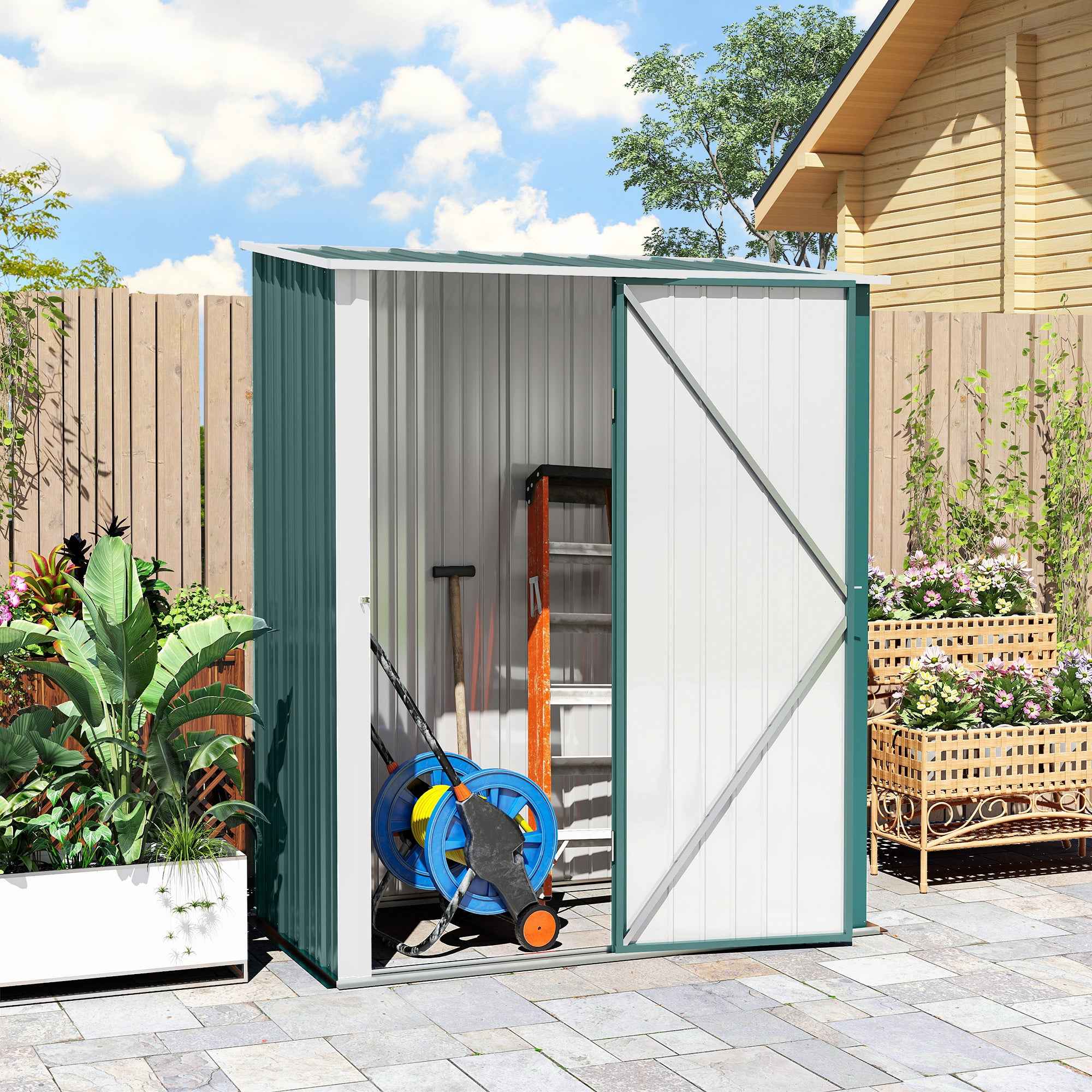 Outsunny Steel Garden Shed with Latch, 161.5 x 94.5 x 196 cm, Green