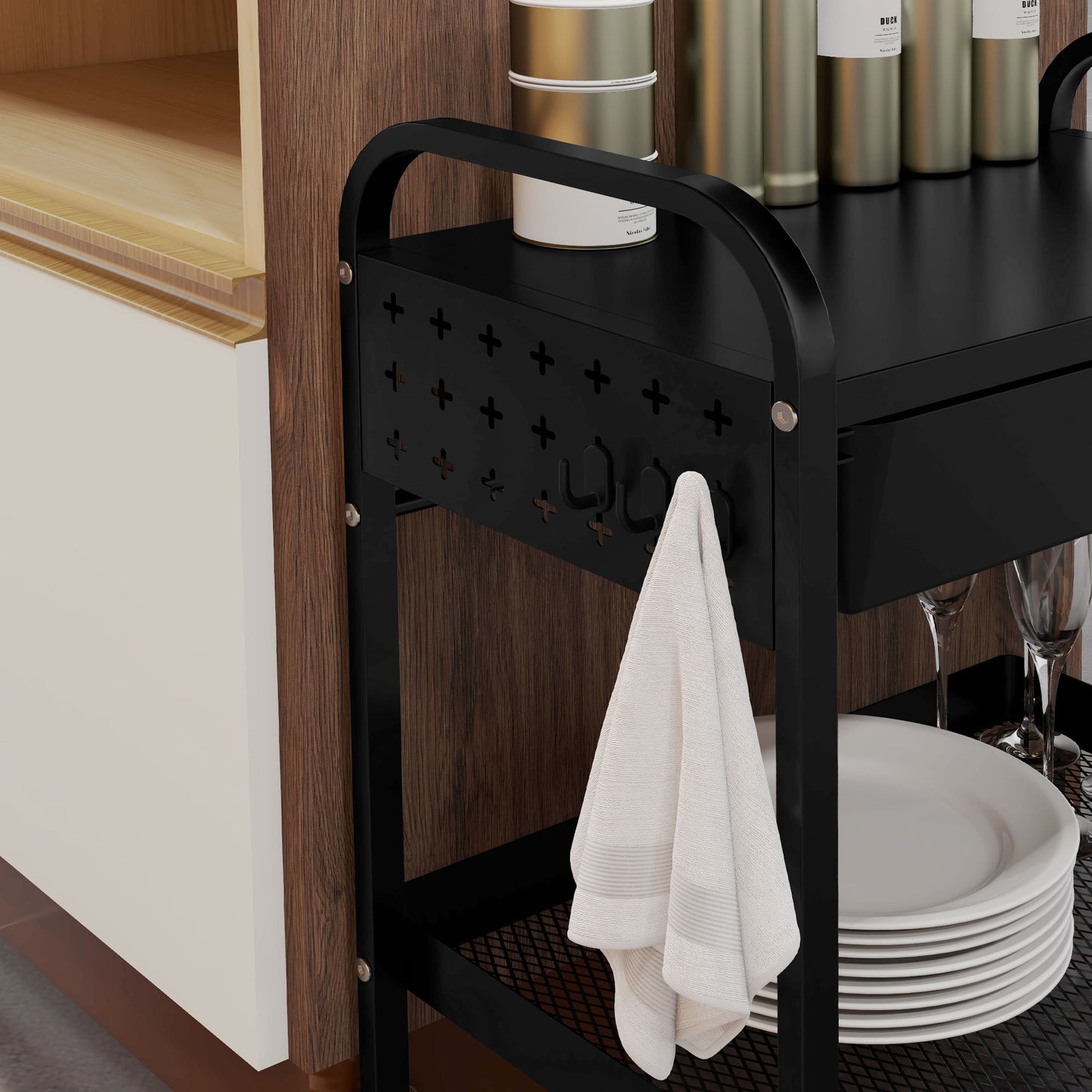 Kitchen and Multi-use Trolley with Basket, Removable Drawer and 3 Hooks, in PP and Metal, 61x32.6x58.5 cm, Black