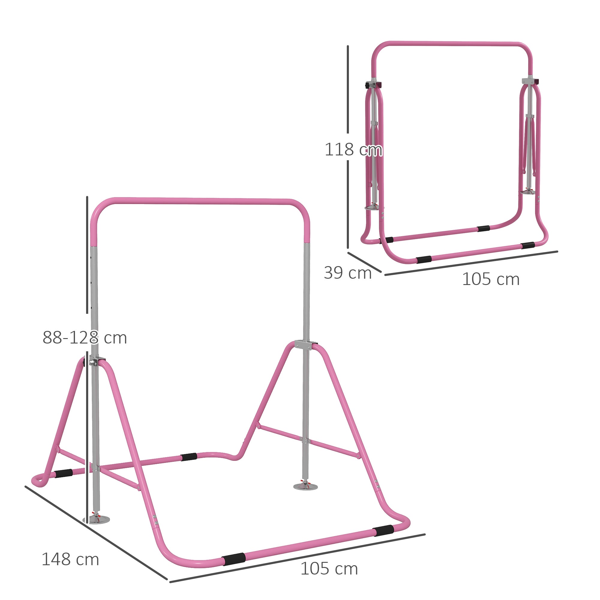Folding Pull Up Bar for Children 3-8 Years with Adjustable Heights in Steel, 154x106.2x88.5-128.5cm, Pink