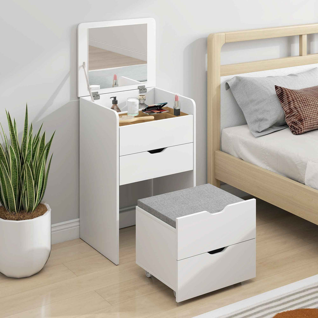 HOMCOM 3-in-1 Dressing Table with Mirror, Compartment, 2 Drawers and Stool, Wooden, 50x40x78 cm, White