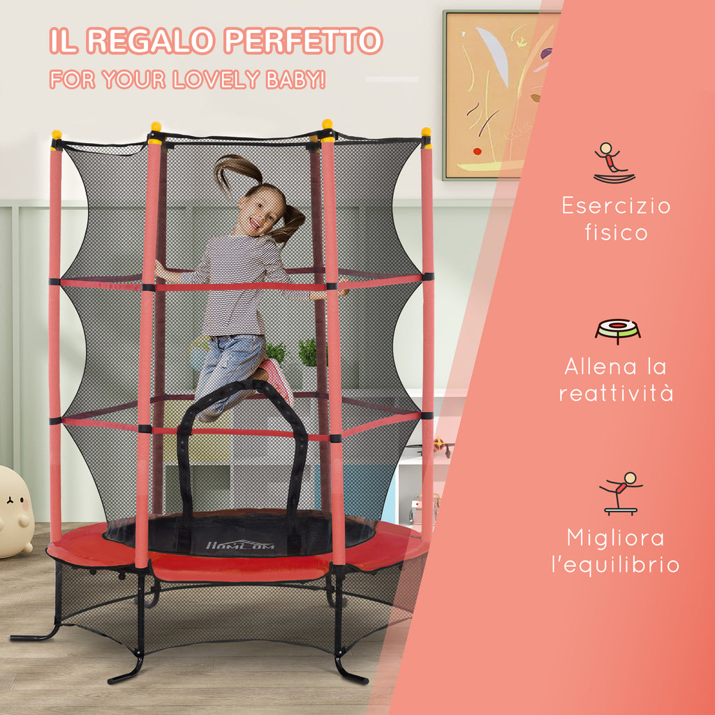 Children's Trampoline Ø1.6x1.9 m with Safety Net and Padded Poles, Ages 3-10 Years, Red