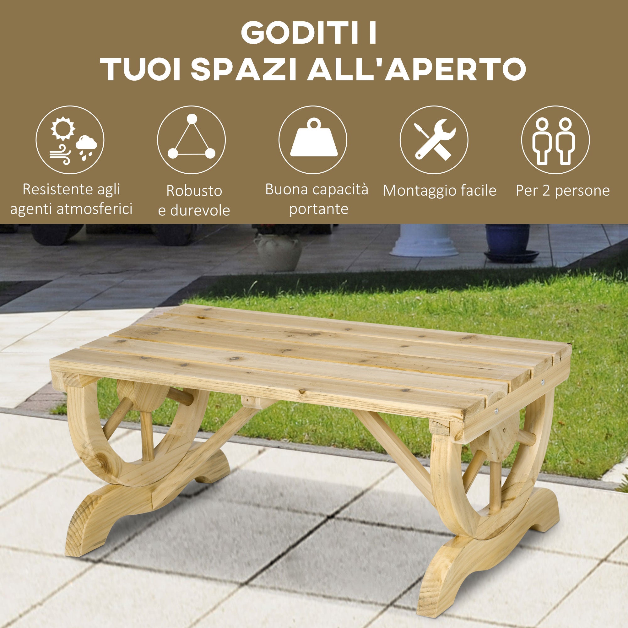 Outsunny 2-Seater Garden Bench with Slatted Frame and Wagon Wheel Legs, Wooden, 98x50x39.5 cm, Wood Color