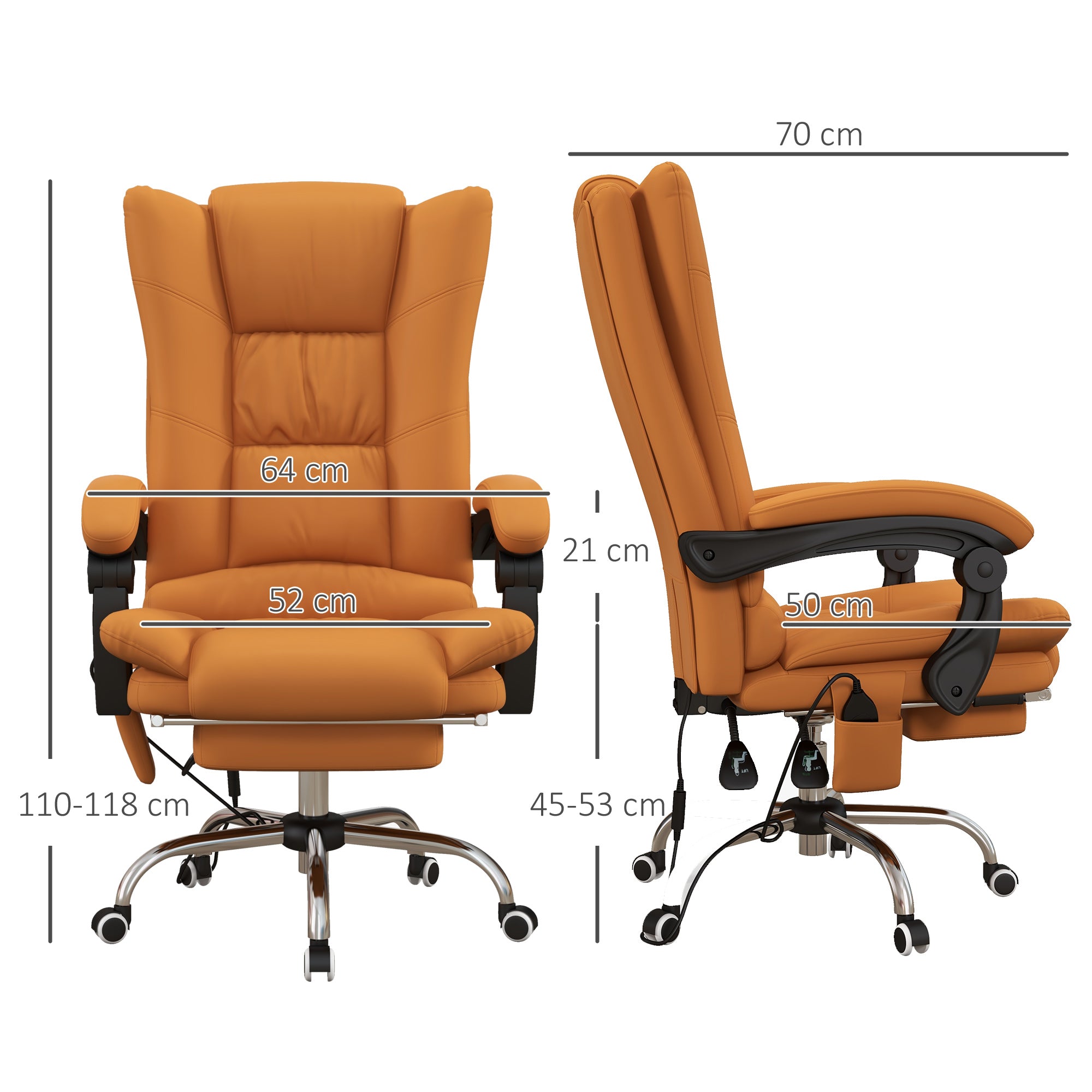 View of the massacle and heated office armchair, reclining with footrests, fake light brown leather - Borgè