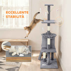 PawHut Cat Tower with House, Perch, Platforms and 4 Mice, Made of Wood, Plush and Sisal, 60x35x134 cm, Grey