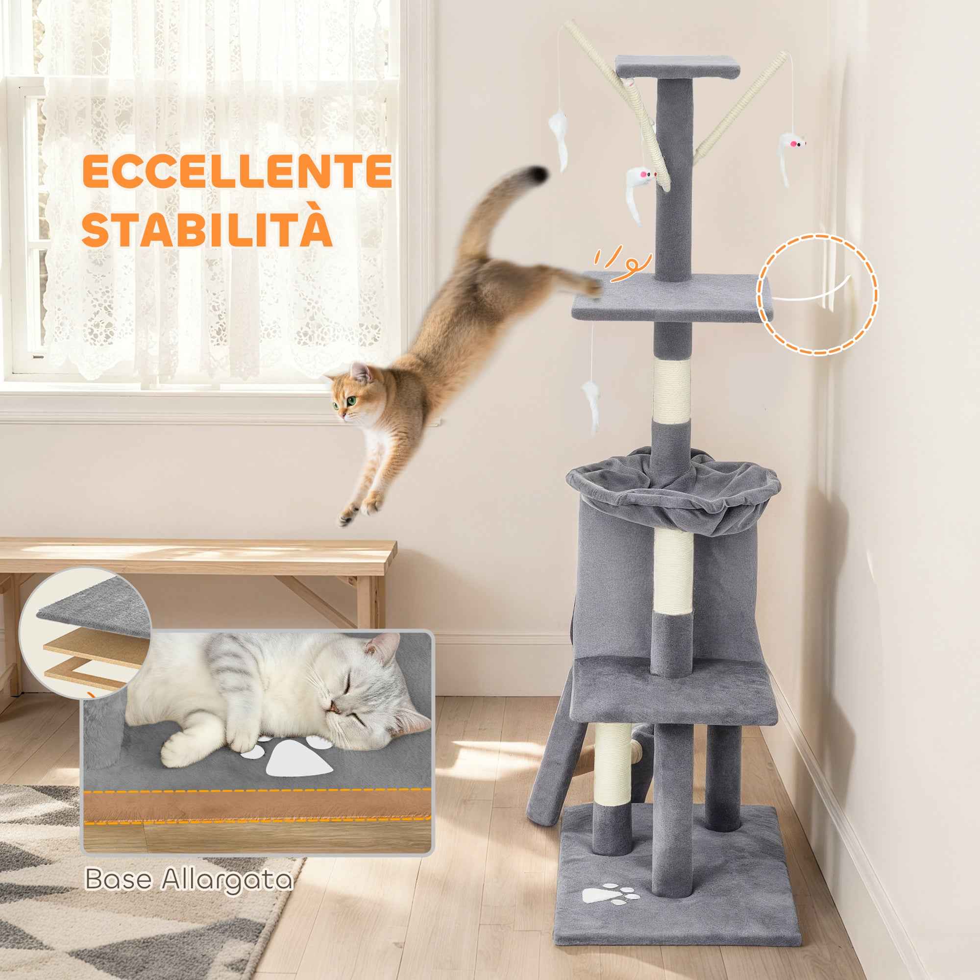 PawHut Cat Tower with House, Perch, Platforms and 4 Mice, Made of Wood, Plush and Sisal, 60x35x134 cm, Grey