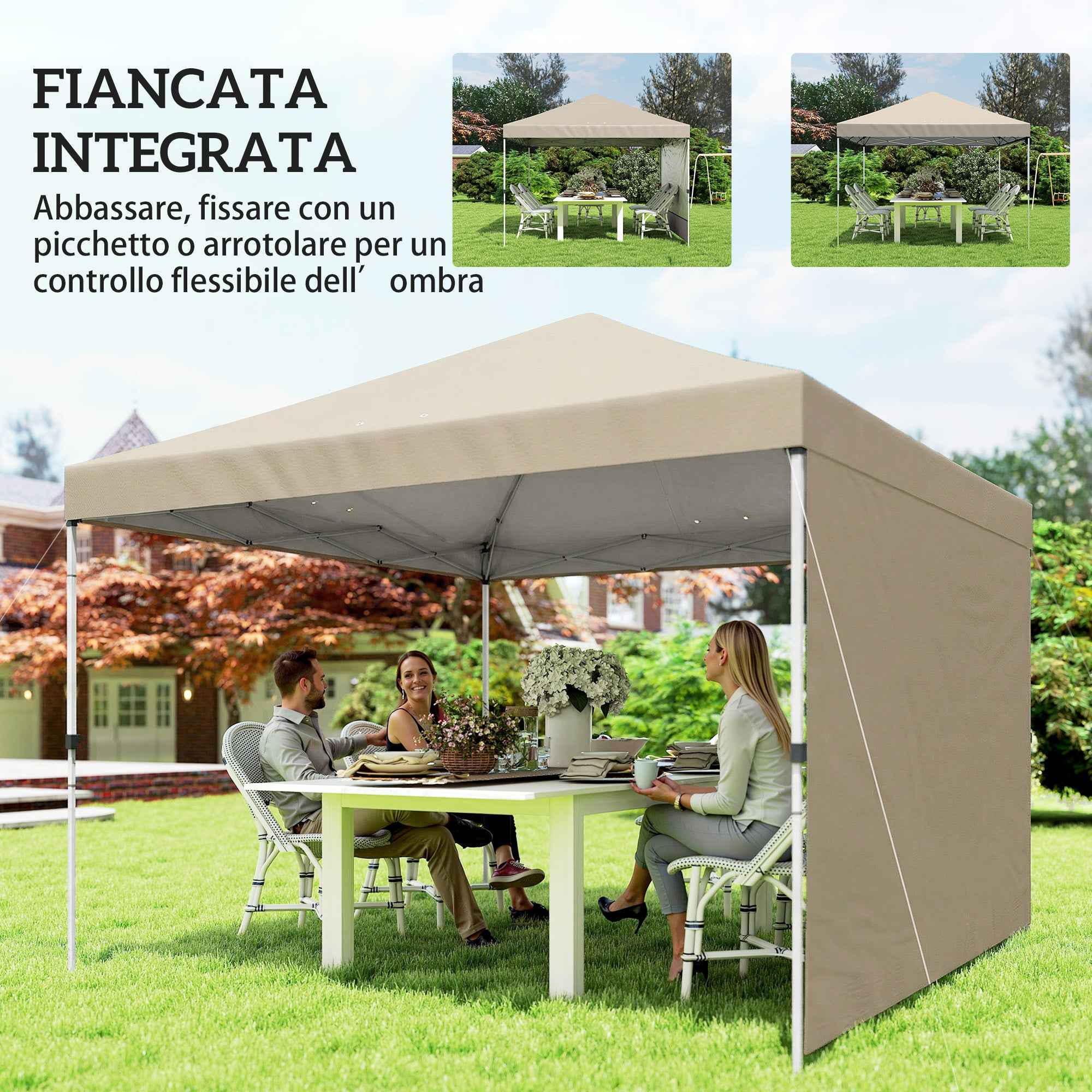Outsunny 3x3m Pop-Up Folding Gazebo with Side Wall, Metal and Oxford Fabric, Beige