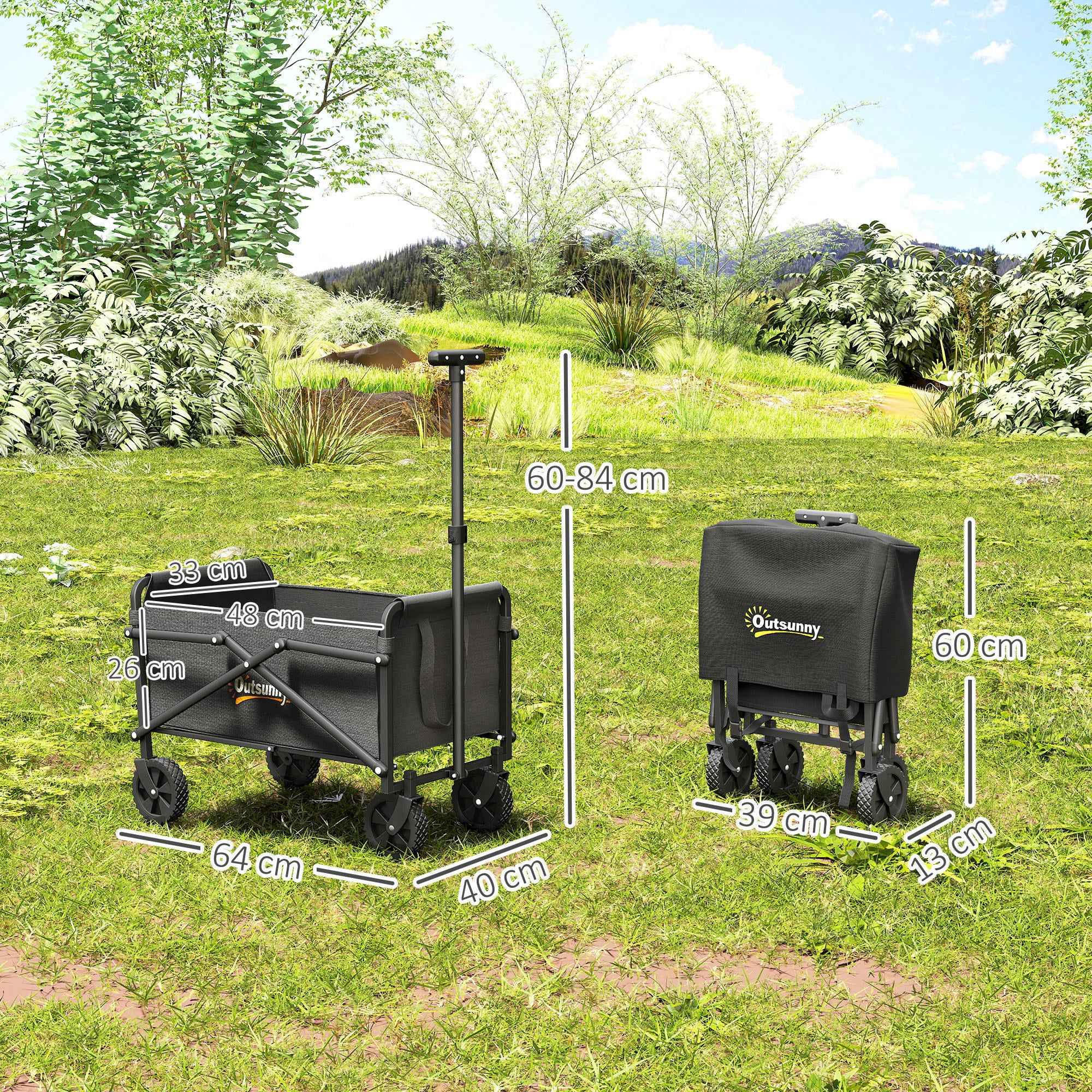 Outsunny 41L Folding Garden Cart with 4 Wheels, Metal and Oxford Fabric Camping Cart with Carry Bag and Adjustable Swivel Handle, Black