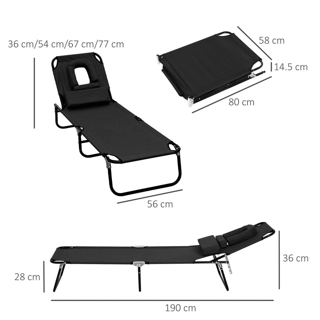 Outsunny Folding Outdoor Lounge Chair with Face Hole and Cushions, Garden Sun Lounger, Beach and Camping, Black