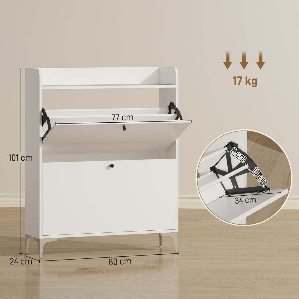 Slim Shoe Rack with 2 Flap Drawers and Adjustable Shelves, Made of Wood and Metal, 80x24x101 cm, White