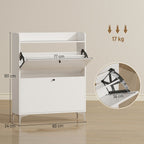 Slim Shoe Rack with 2 Flap Drawers and Adjustable Shelves, Made of Wood and Metal, 80x24x101 cm, White