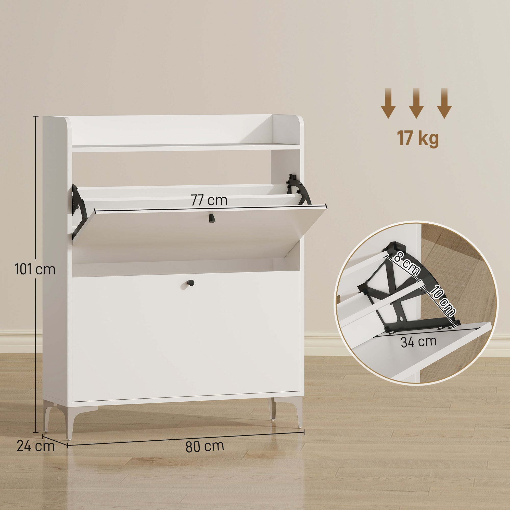 Slim Shoe Rack with 2 Flap Drawers and Adjustable Shelves, Made of Wood and Metal, 80x24x101 cm, White