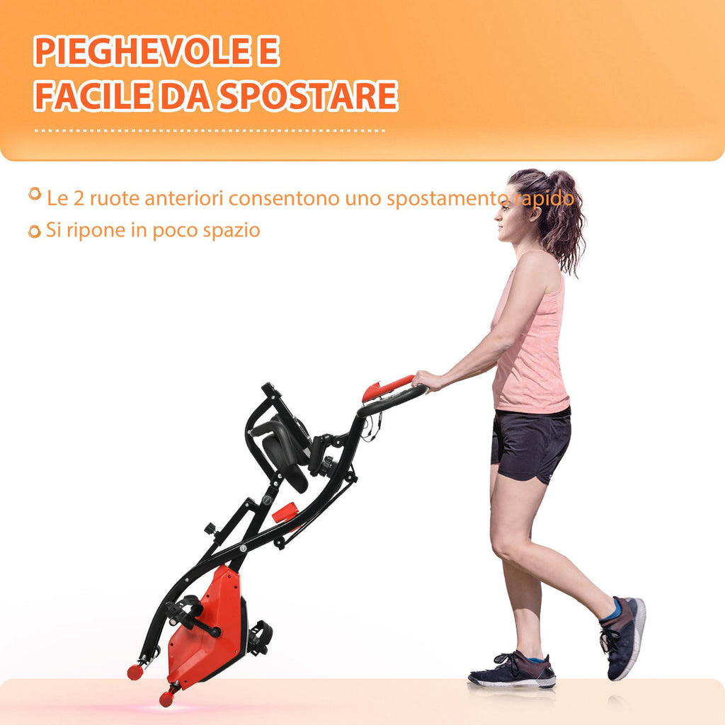 Folding Exercise Bike, 8 Level Adjustable Magnetic Resistance, Fitness Bike with Heart Rate Sensor, Arm Bands, LCD Screen, Red