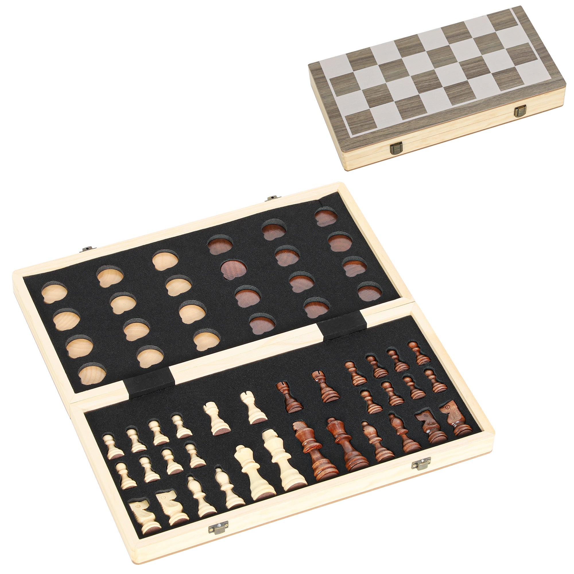 SPORTNOW Folding Chess and Checkers Board with Compartments, Wood and Metal, 38.5 x 38.5 x 2.8 cm, Black and White