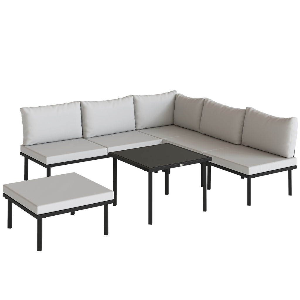 Outsunny 6-Person Metal Garden Furniture Set, Corner Sofa with Cushions, Light Grey