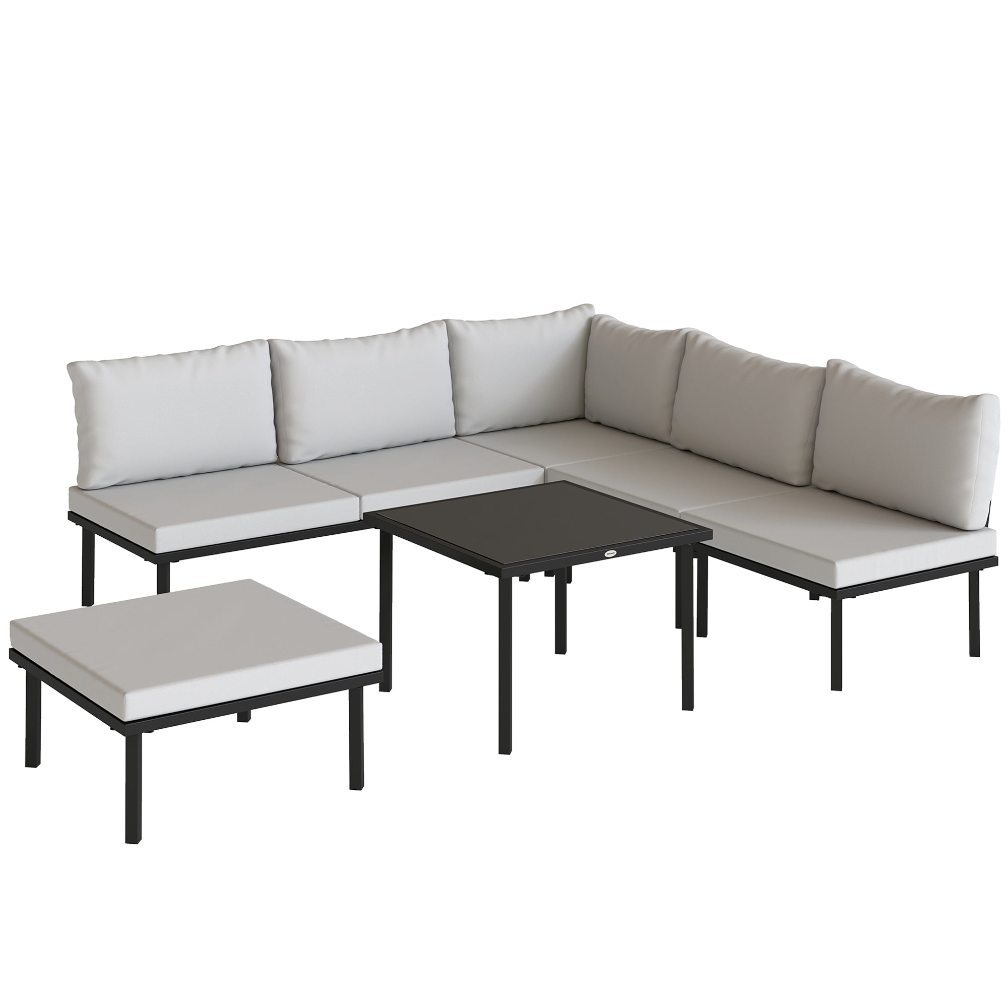Outsunny 6-Person Metal Garden Furniture Set, Corner Sofa with Cushions, Light Grey