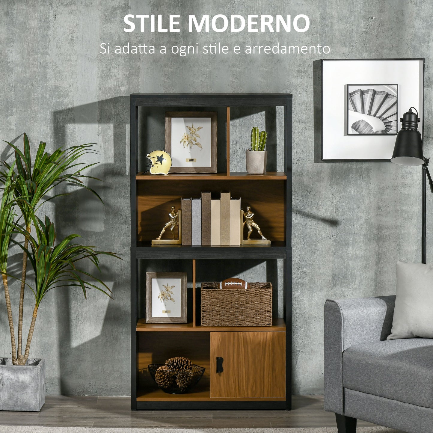 Bookcase Cabinet 4 Open Levels with Cabinet, in Chipboard and MDF, 76.5x30x150 cm, Brown and Black