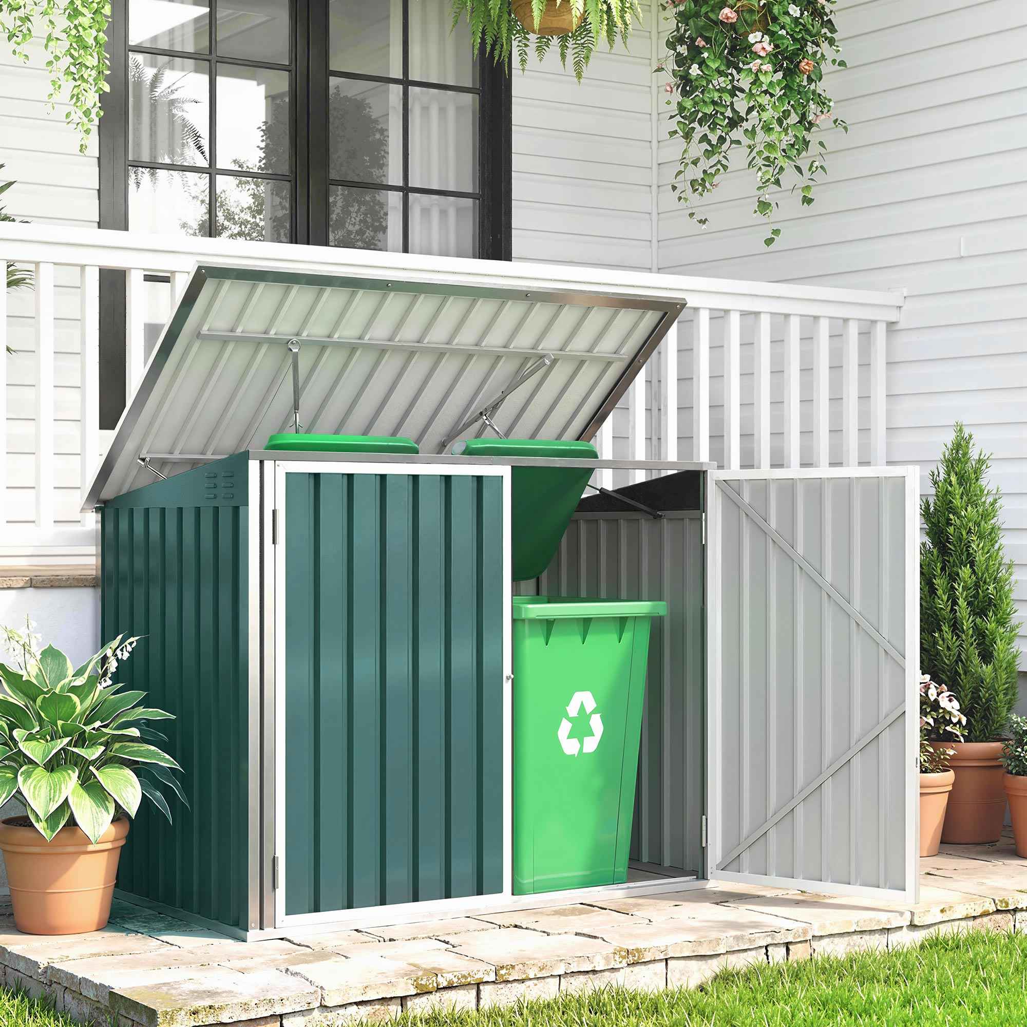 Outsunny Outdoor Steel Garbage Can Shed with Double Door