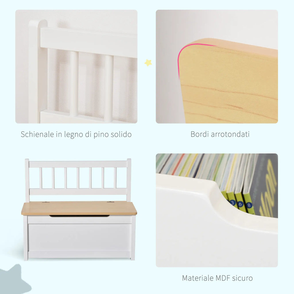 2 in 1 Wooden Children's Storage Chest with Piston for Safe Closing, 60x30x50cm White and Natural Wood