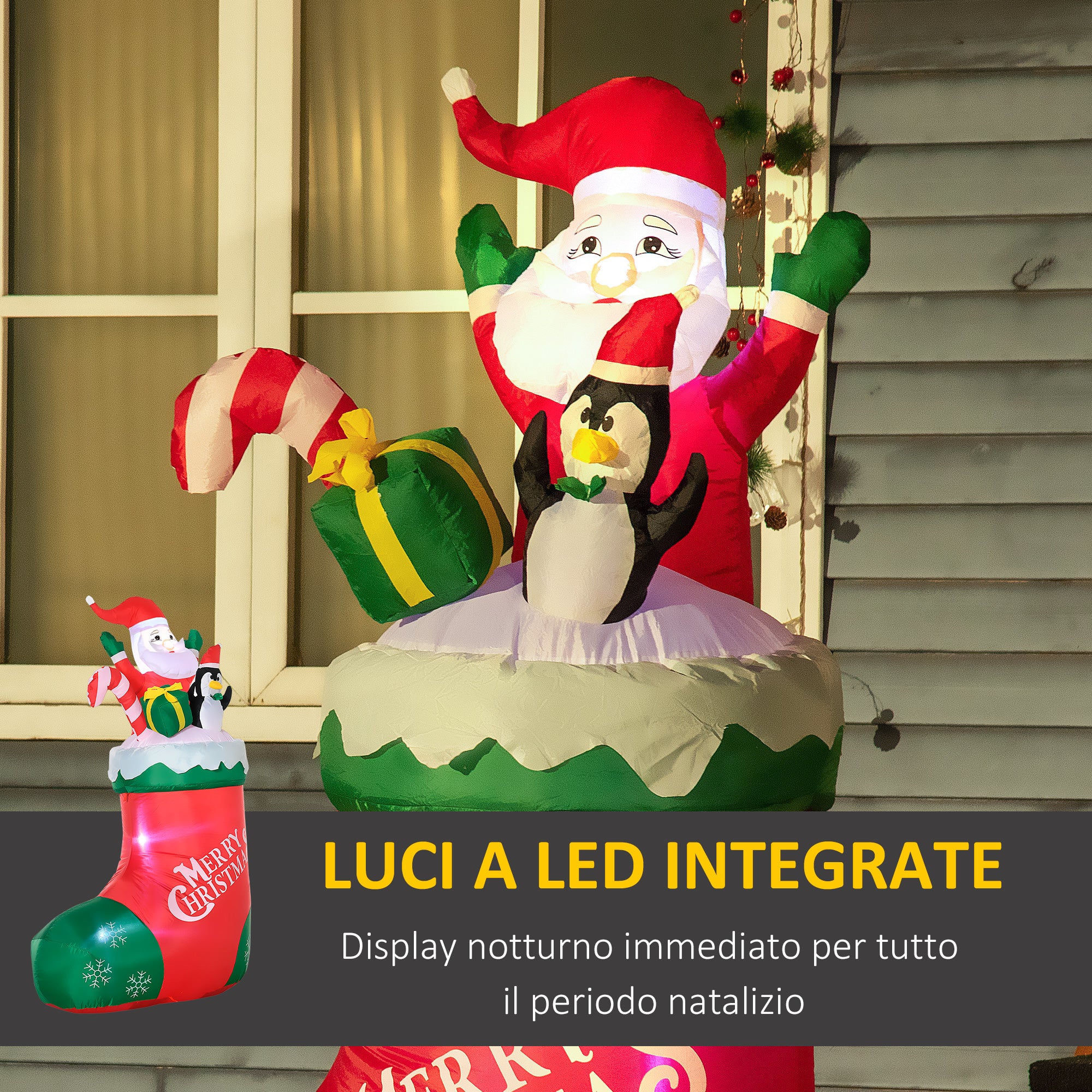 Inflatable Santa Claus with Penguin and Christmas Stocking, LED Lights and Inflator Included, 90x50x149cm
