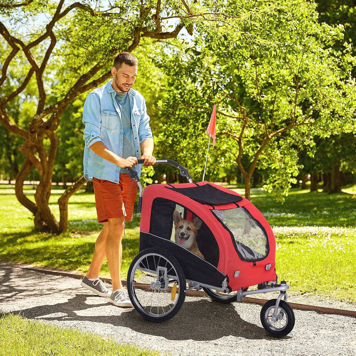 PawHut Bicycle Trailer for Medium Size Dogs with 2 Entrances with Windows and Sunroof, 126-155x83x108 cm, Red - Borgè