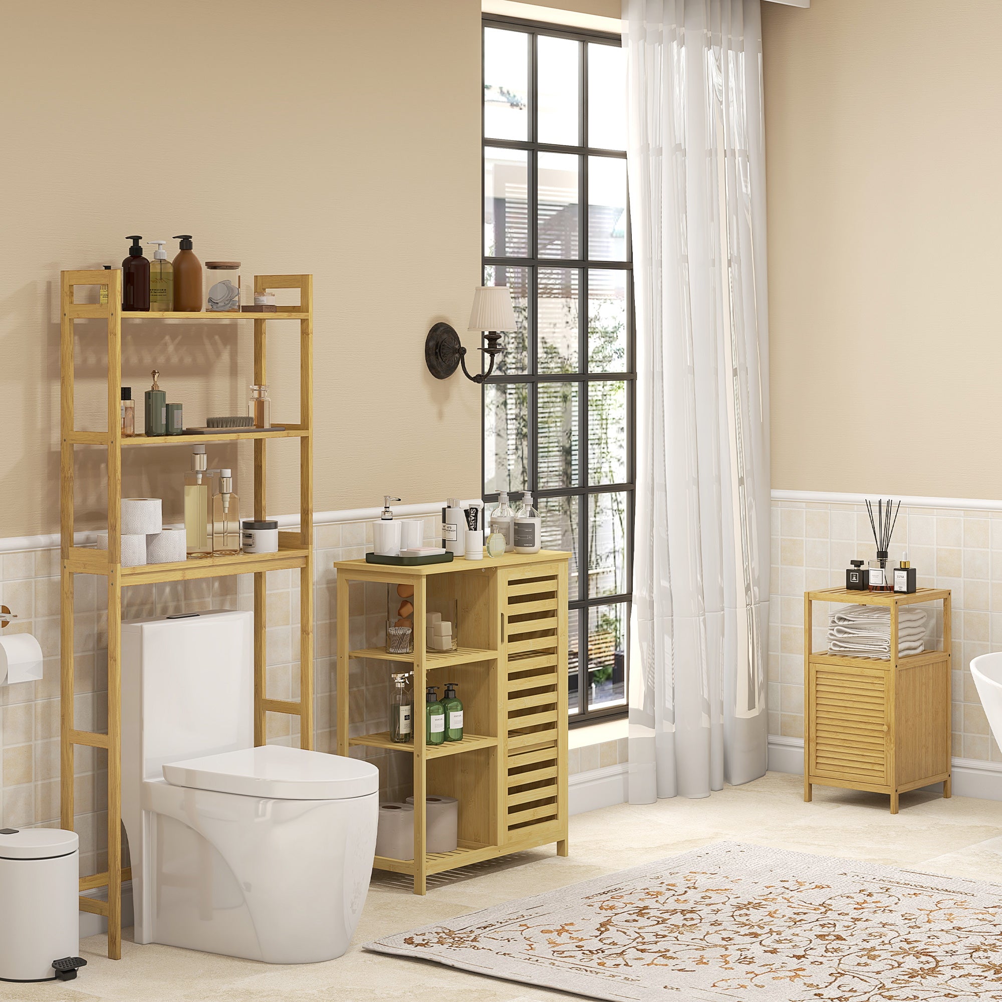 Bamboo Bathroom Cabinet with Single Door Cabinet, 33x36. 5x67cm, Natural Wood Color