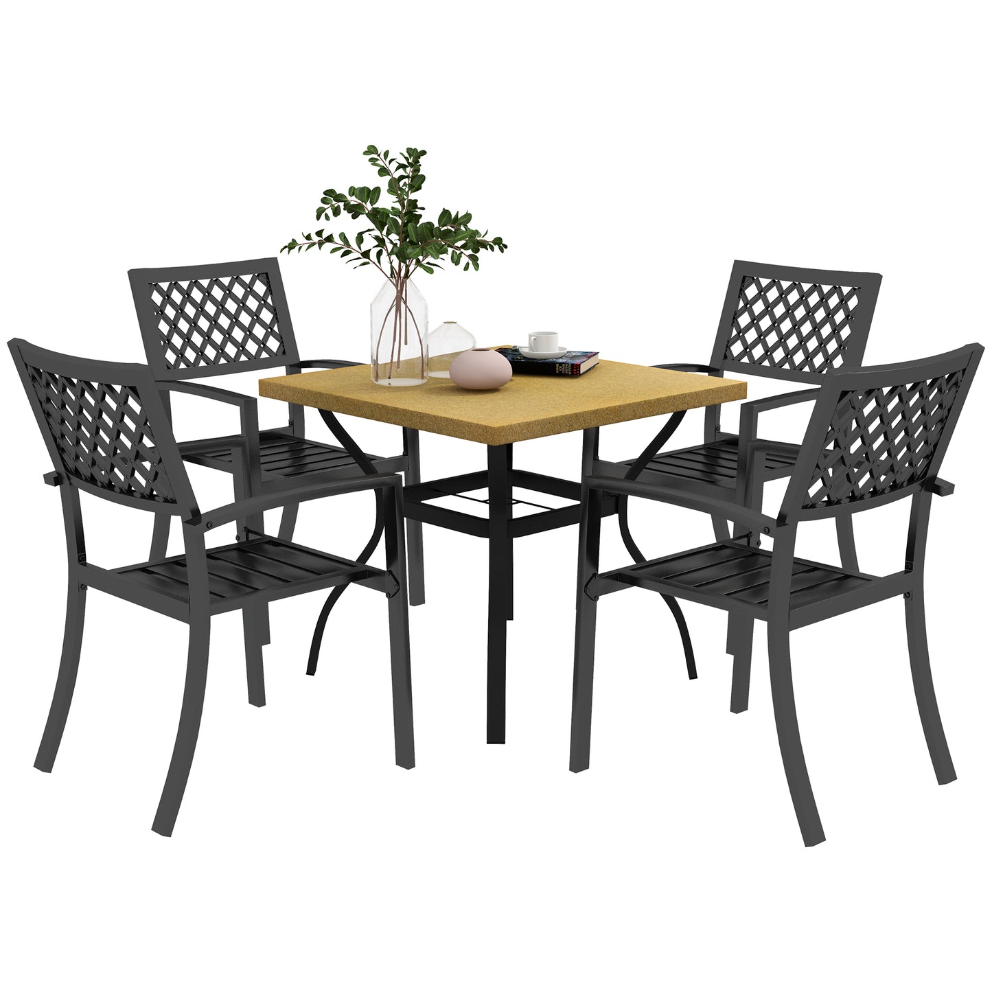 Outsunny Garden Table and 4 Chair Set, Marble Effect Top and Stackable Chairs with Armrests, Brown