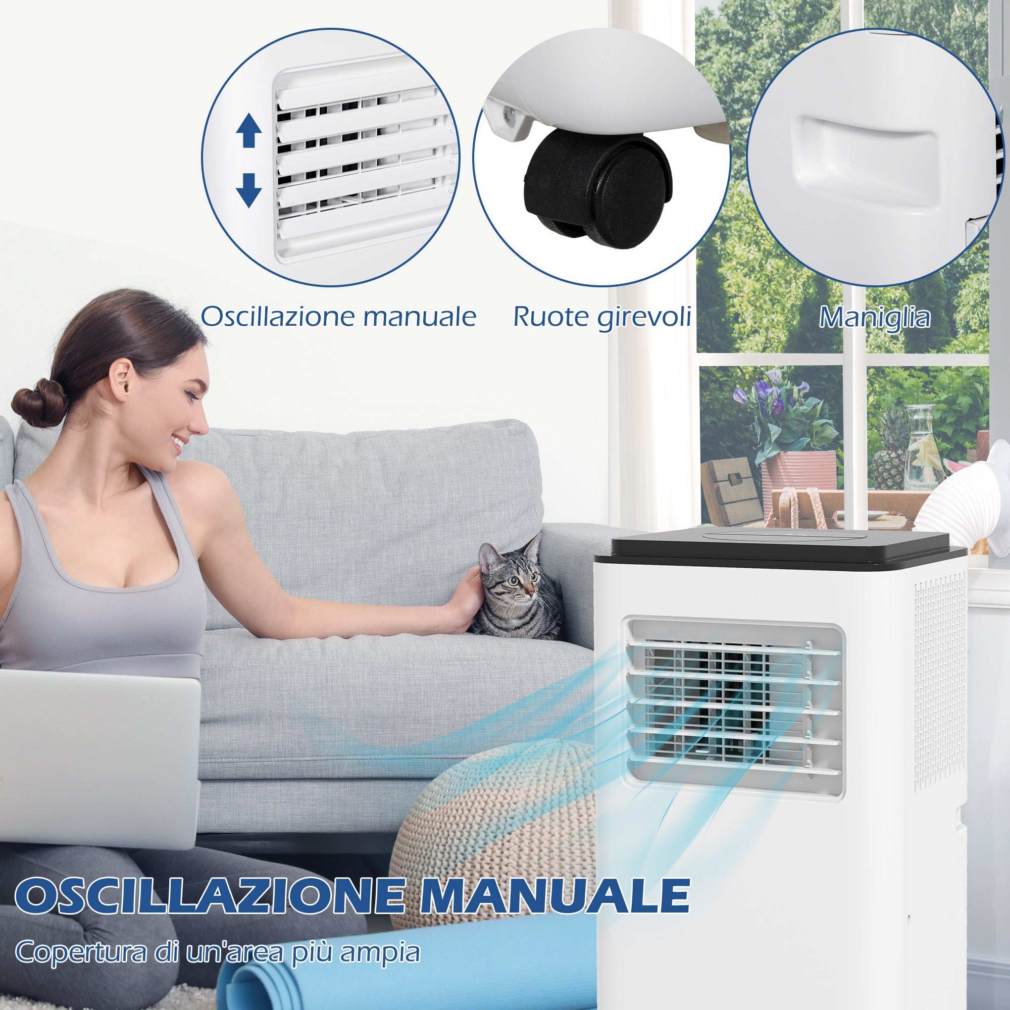 HOMCOM Portable Air Conditioner 750W with 5 Modes and 2 Speeds, in Plastic and Steel, 33x28x70.4 cm, White - Borgè