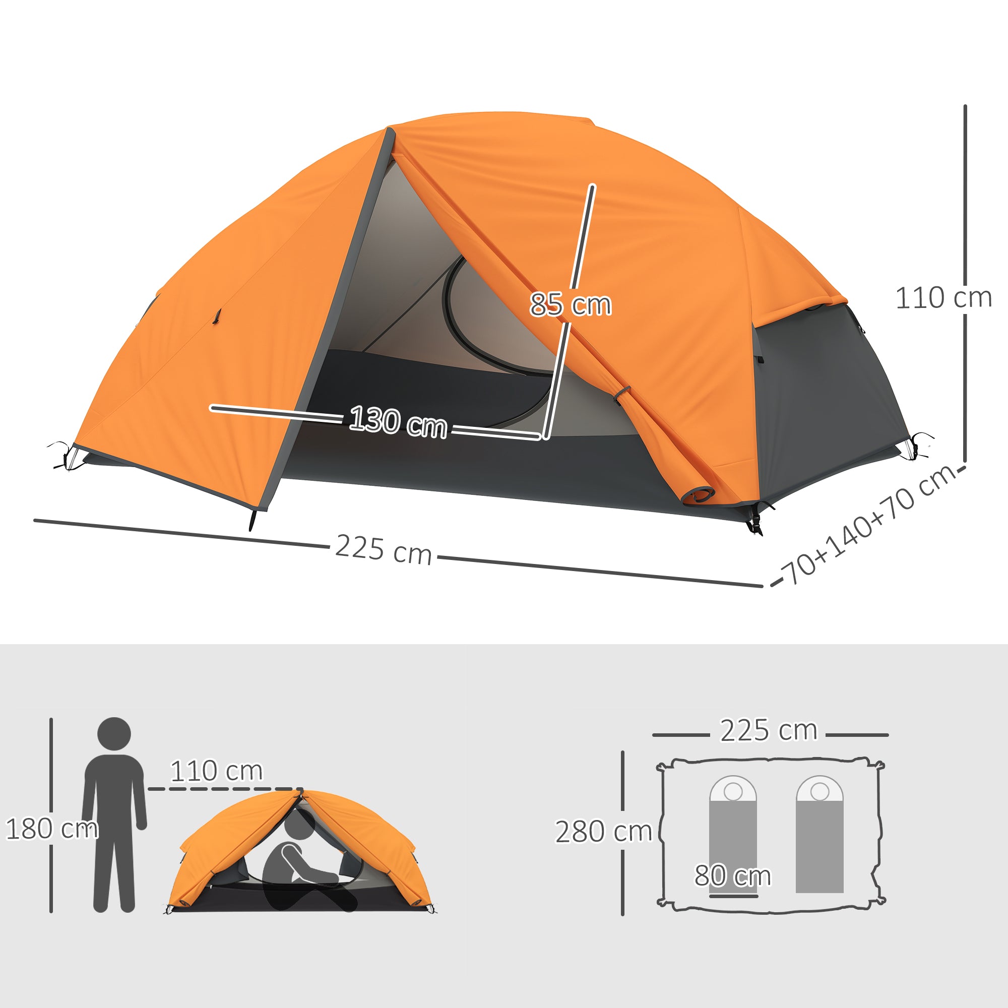 2 Person Camping Tent with 2 Vestibules, 2 Doors, 2 Windows and Carry Bag, 2.8x2.25x1.1 cm, Orange