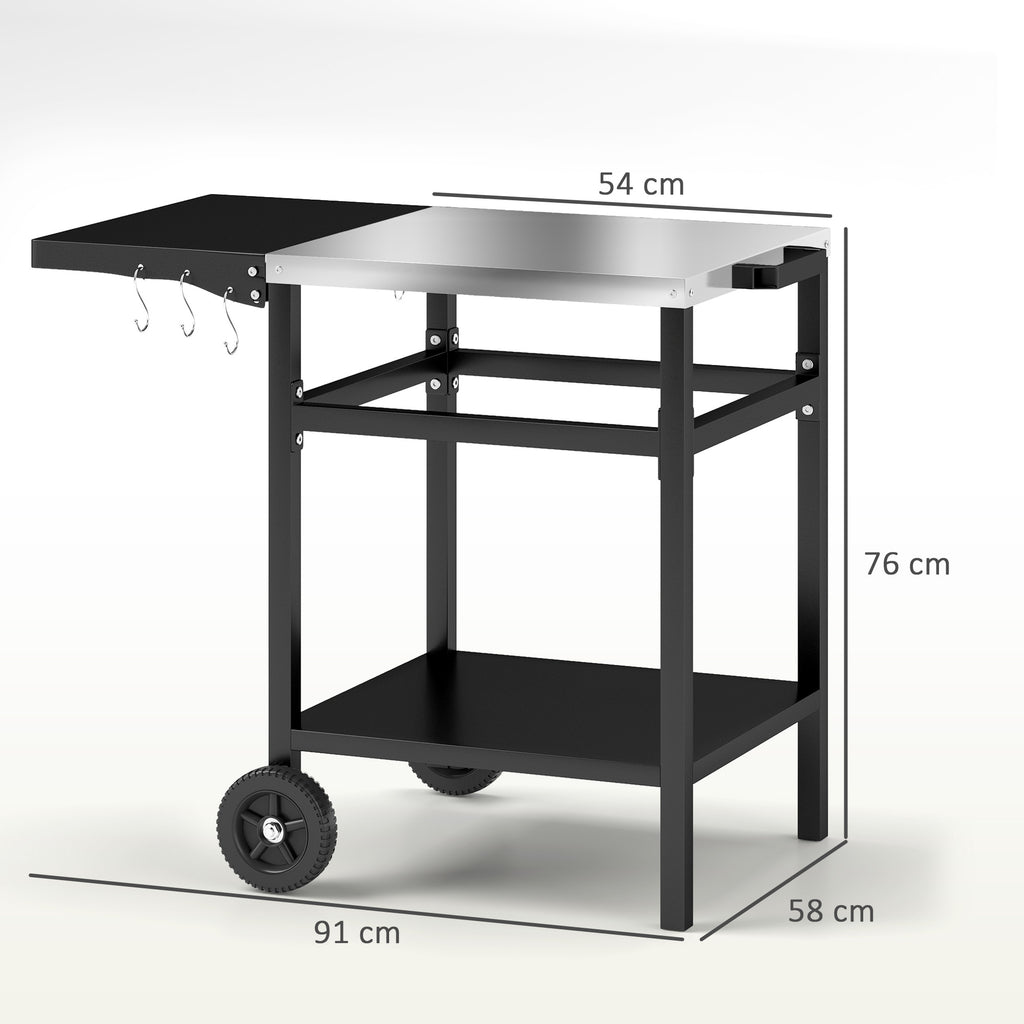 Barbecue Trolley with Steel Top and Foldable Shelf, Wheels and Hooks, 91x58x76 cm, Black