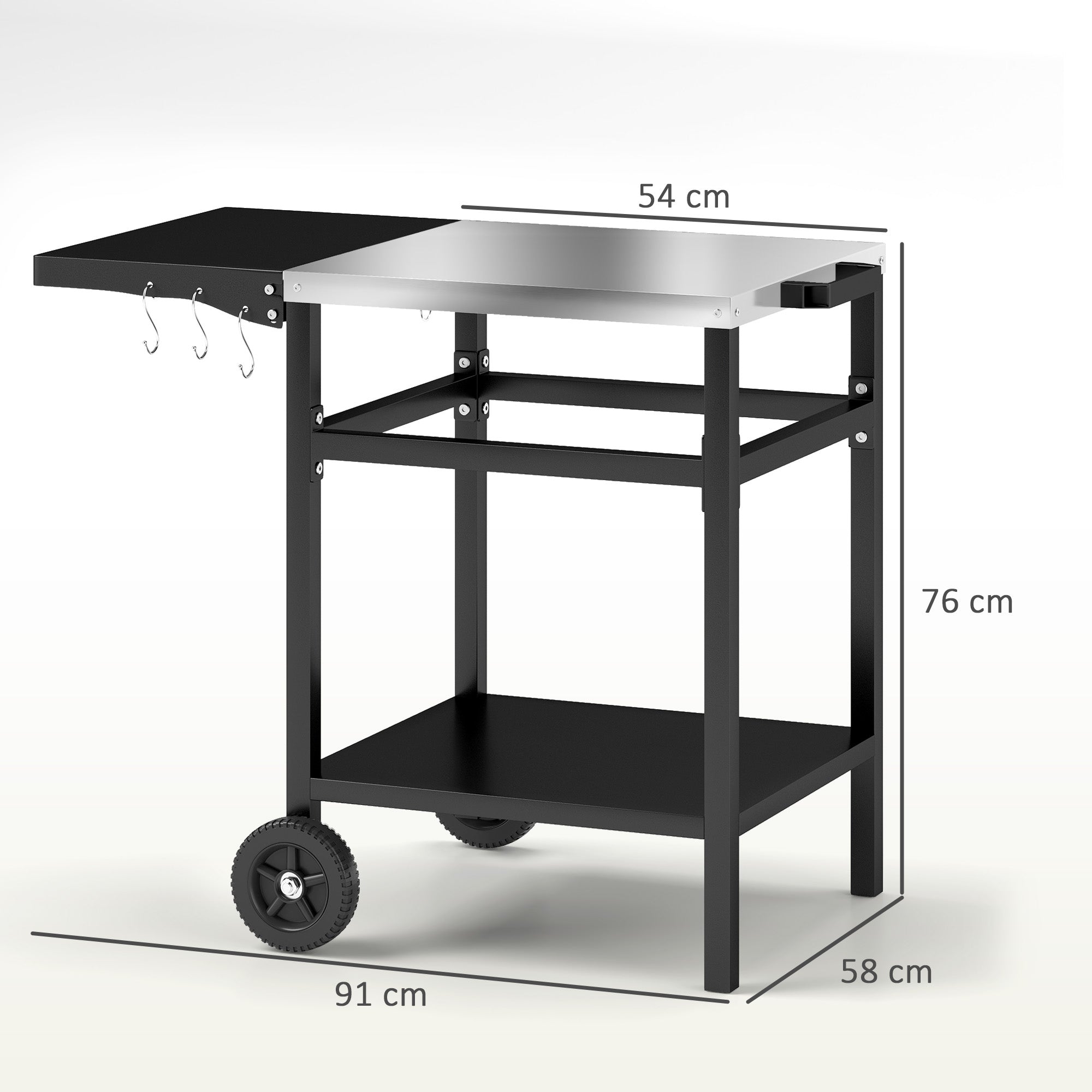 Barbecue Trolley with Steel Top and Foldable Shelf, Wheels and Hooks, 91x58x76 cm, Black