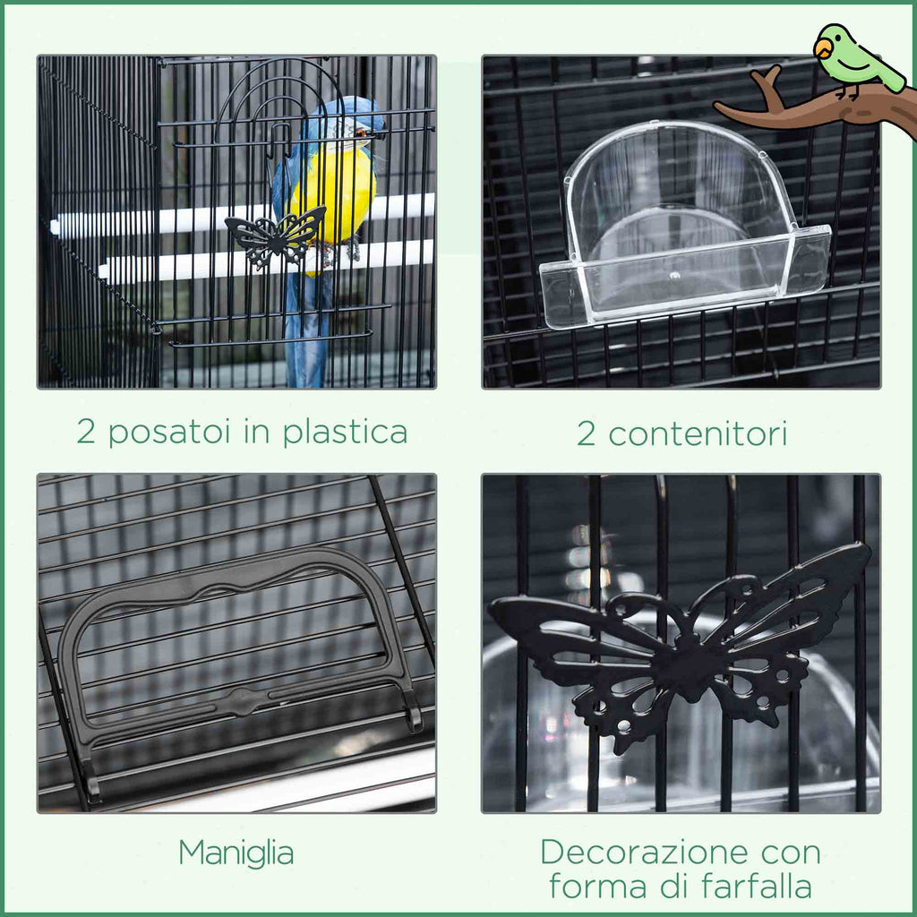 Bird Cage with 2 Perches and 3 Entrances in Metal Wire and Plastic, 60x41x41 cm, Black