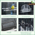 Bird Cage with 2 Perches and 3 Entrances in Metal Wire and Plastic, 60x41x41 cm, Black