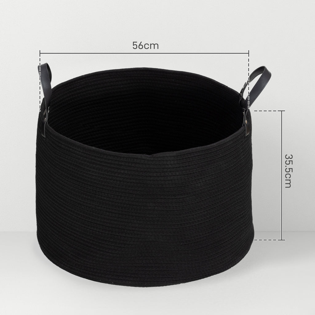 88L Portable Foldable Laundry Hamper with Natural Cotton Handles, Ø56x35.5 cm, Black