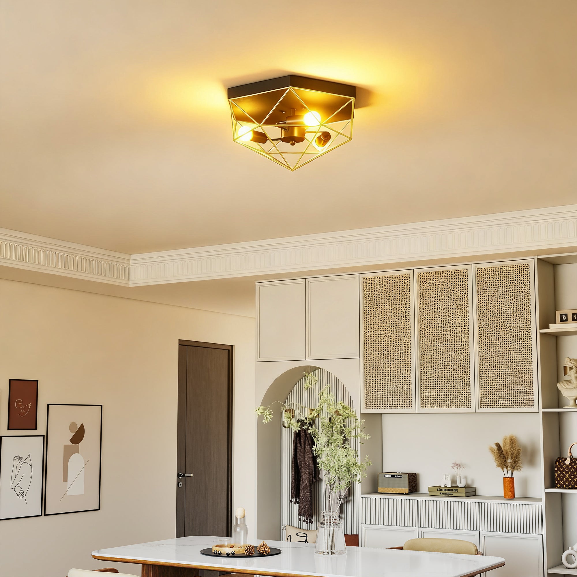 Industrial Style Geometric Ceiling Lamp with 3 E27 Sockets for LED Bulbs, Black and Gold