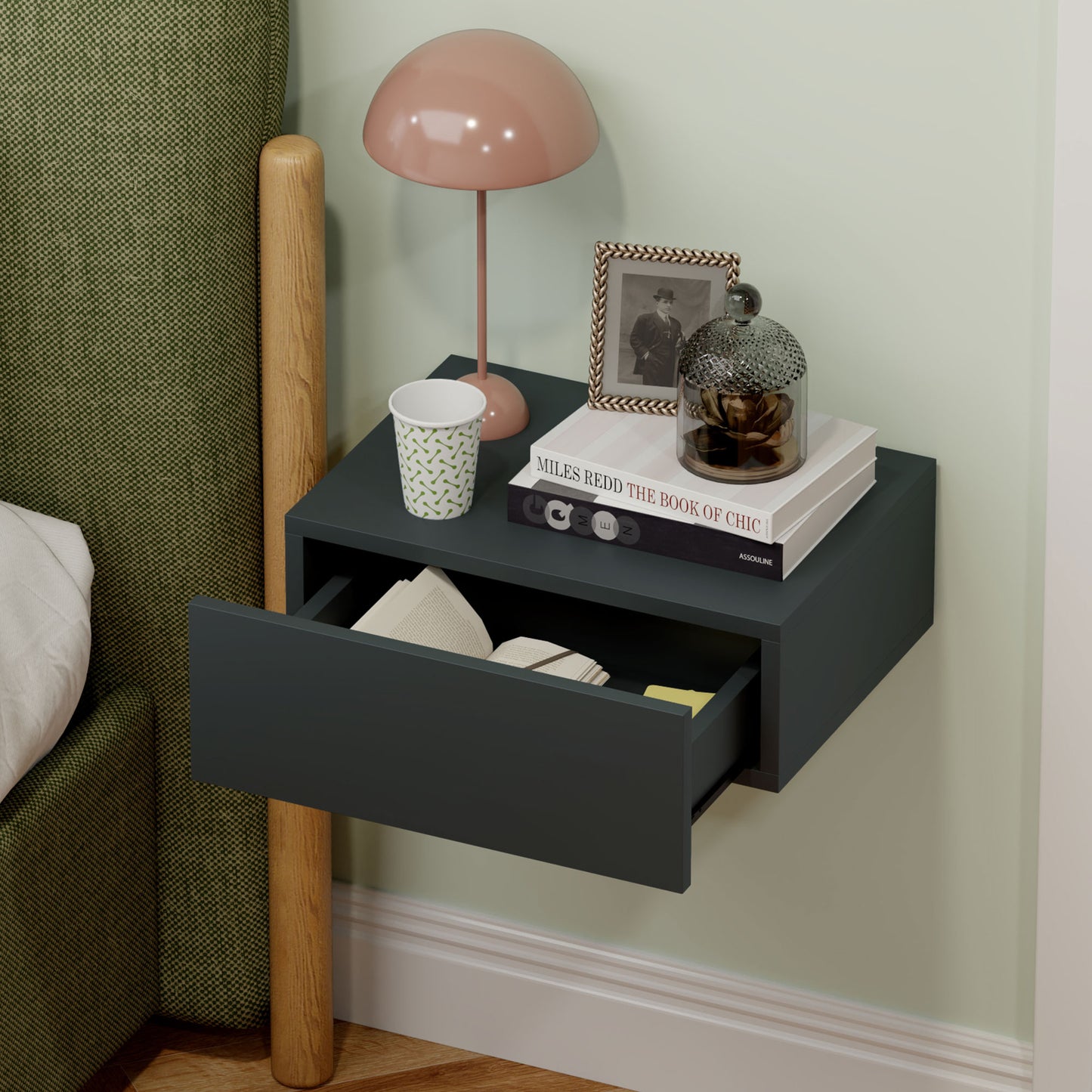 Modern Wall Mounted Bedside Table with Drawer, Wooden, 40x30x15 cm, Black